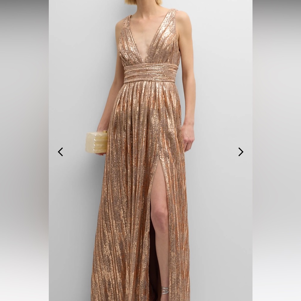 COPY - Liv Foster Deep V-Neck Metallic Foil Gown - Rose Gold